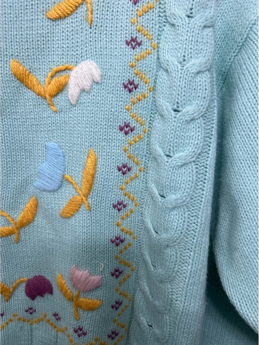 Western Connection Light Blue Embroidered Cable Knit Sweater, Size M